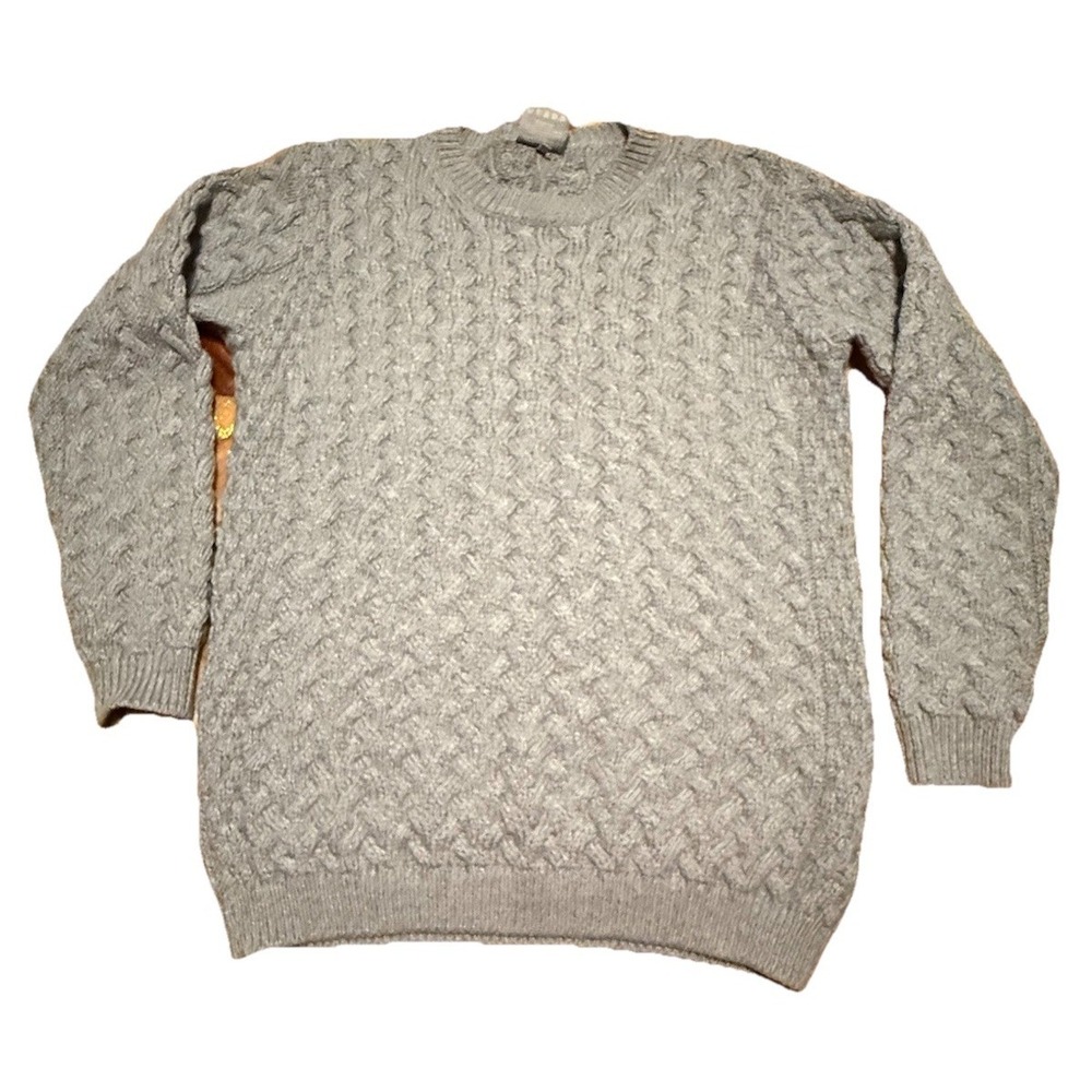 Aran Crafts Sweater Mens Large Grey Super‎ Soft Merino Wool Cable Knit Pullover